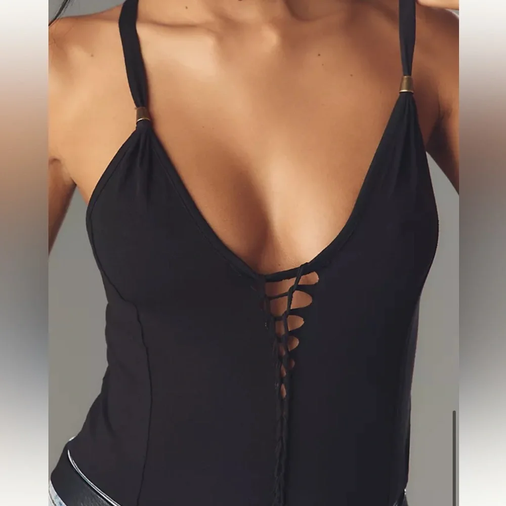 NWT Anthropologie Pilcro Lace-Up Halter Tank Top Pink Sz M - Picture 2 of 5